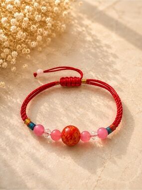 Red Beaded String Bracelet with Pink Accents - Unbranded